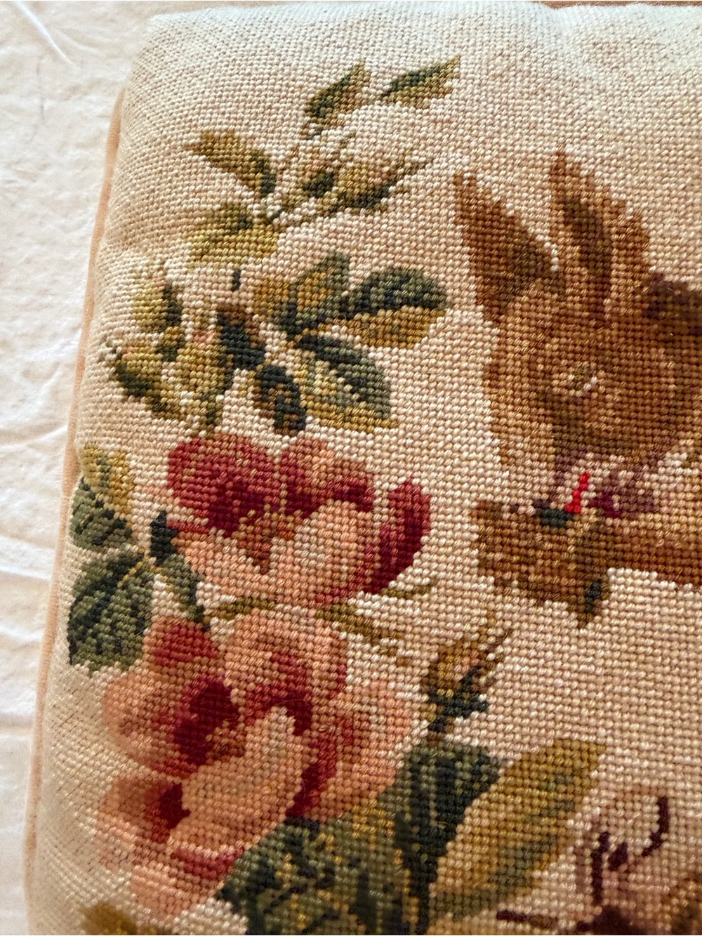 Needlepoint Squirrel Floral Cushion/Pillow in Cream and Earth Tones - Picture 5 of 7